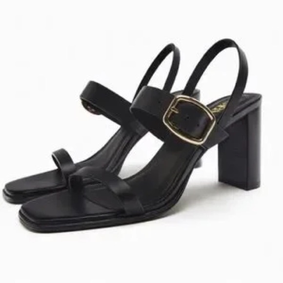 (C2) Zara Black NWT Leather Heeled Buckle Sandals, Size 41/10 USA - Picture 1 of 16
